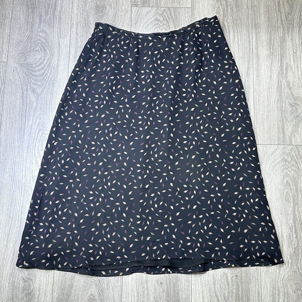 Talbots Silk Skirt Women 12 Black Green Pink Leaf Motif A-Line Rear Zip Lined